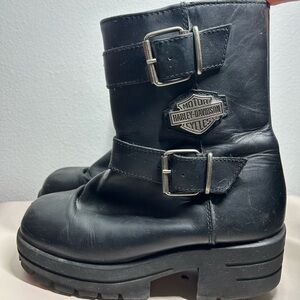 Harley Davidson Womens Black Y2K Leather Buckle Motorcycle Boots Sz 7 zip pull